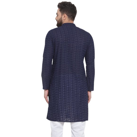 Designer Navy Blue Cotton Chikankari Lucknowi Jaal Embroidered Kurta for Men - Picture 4 of 6